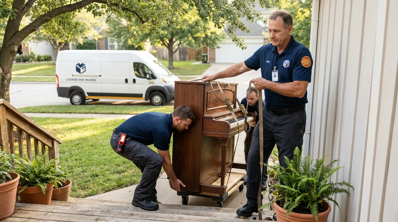 Licensed piano movers securing grand piano in Winthrop, MA