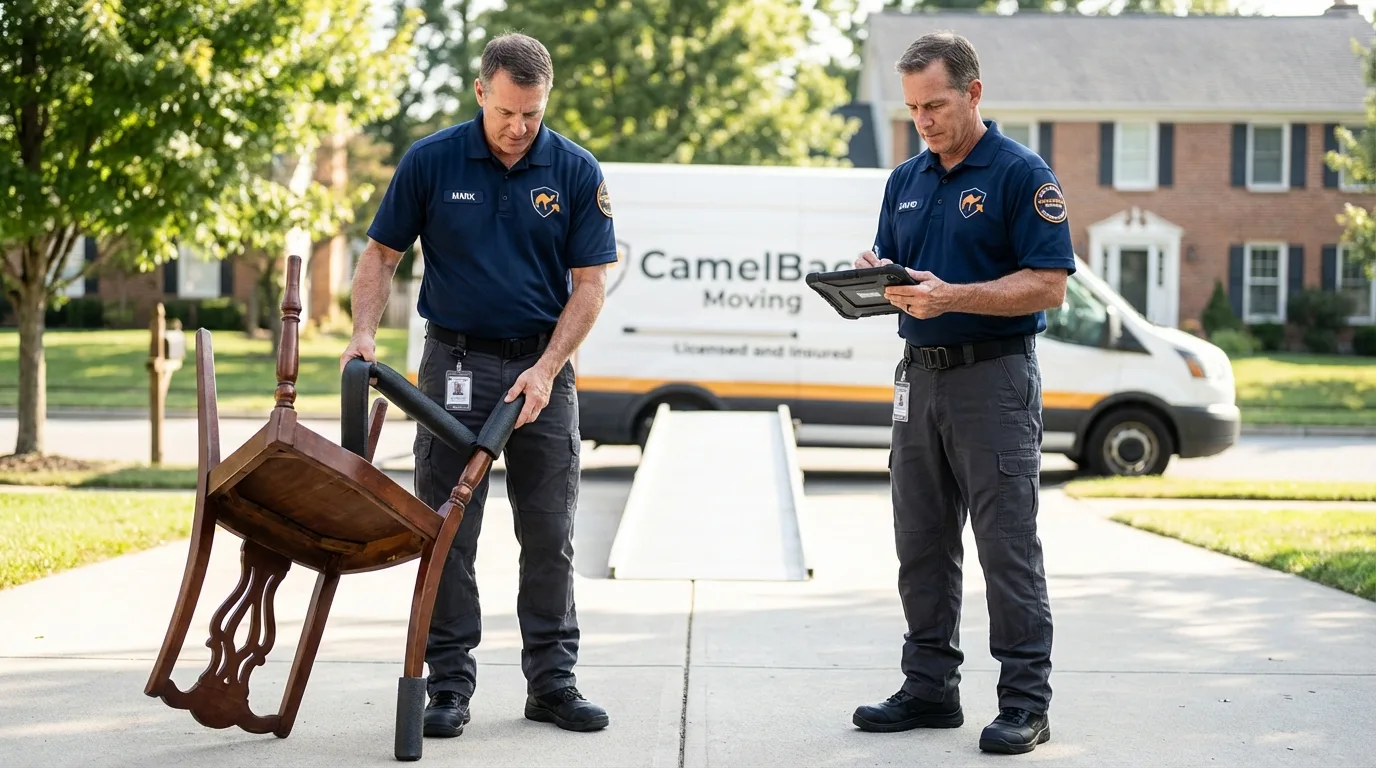Movers inspecting furniture for damage prevention before loading in Winthrop, MA