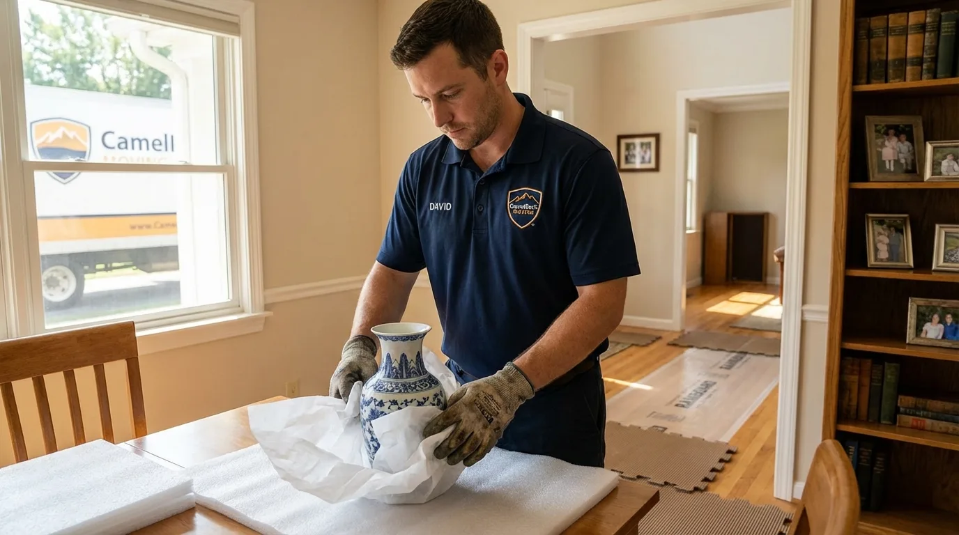 Professional crew carefully wrapping antique vase for senior downsizing move in Winthrop, MA